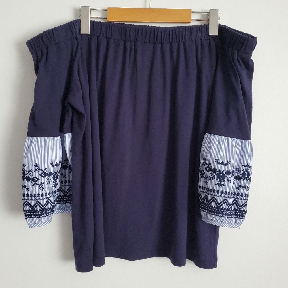 Blue Off The Shoulder Embroidered Sleeve Top Size XL